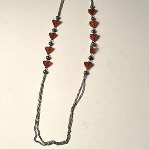 Vintage Baltic Amber Hearts Silver Tone Chain Necklace